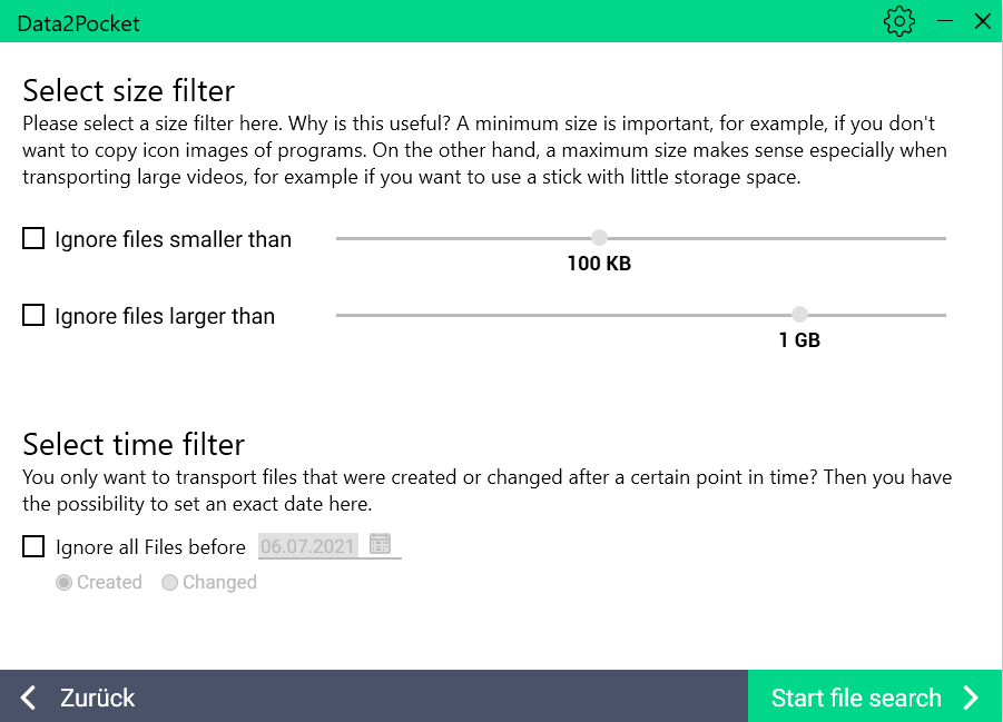 The size filter allows individual searching for files