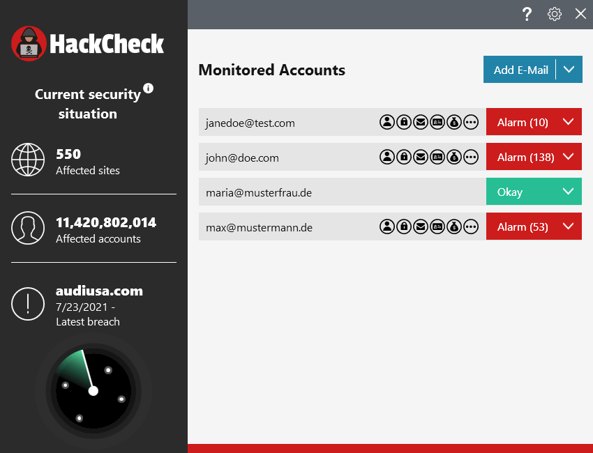 HackCheck monitors as many of your online accounts as you like. On the start page you can see immediately which address is at risk and which personal data has already been stolen. An additional password check gives you more security. 
