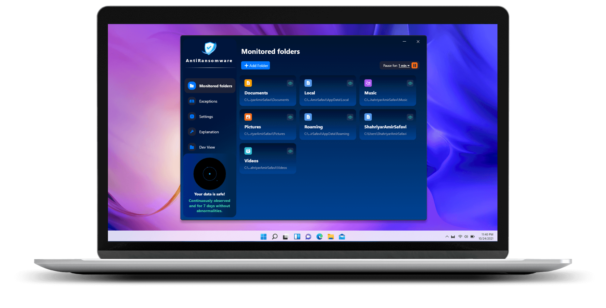 Freely selectable folders for monitoring
