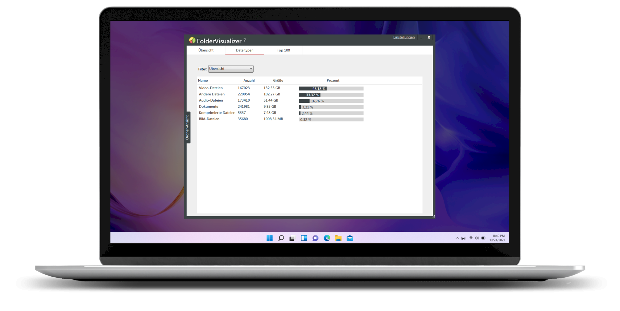 Fasst den Speicherbedarf pro Dateityp zusammen