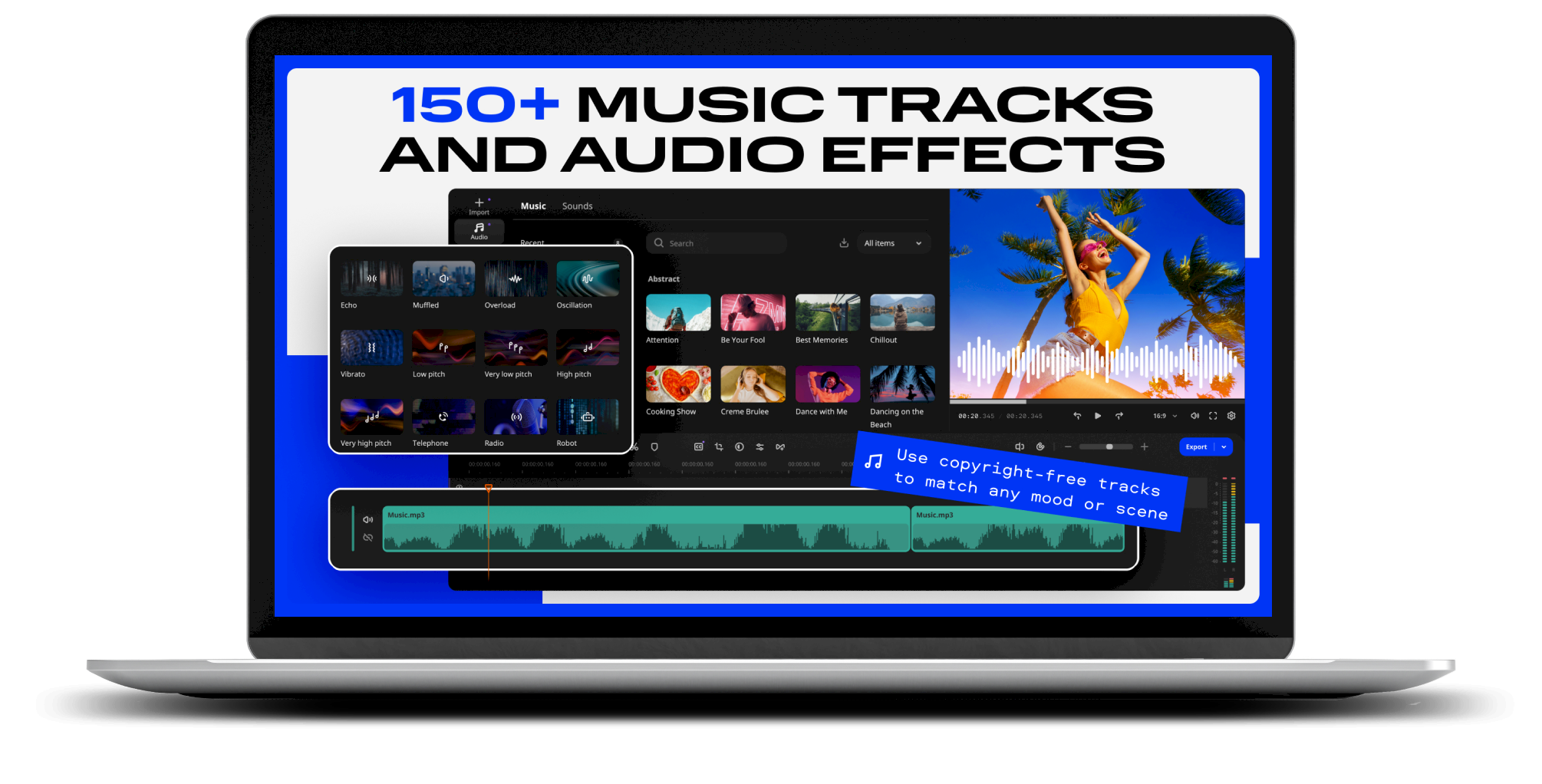 150+ music tracks and audio effects