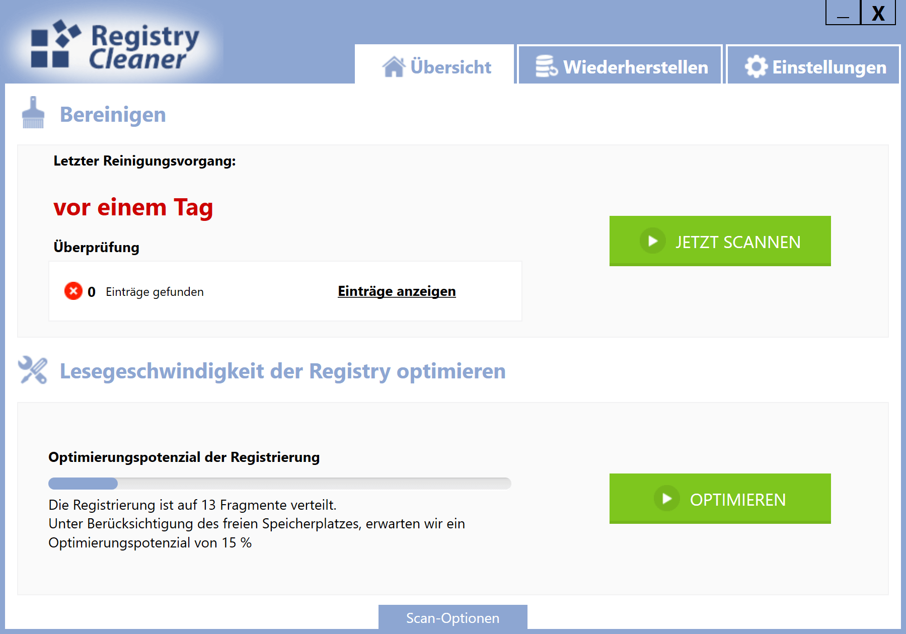 Registry Einträge löschen - Registry Cleaner Dashboard