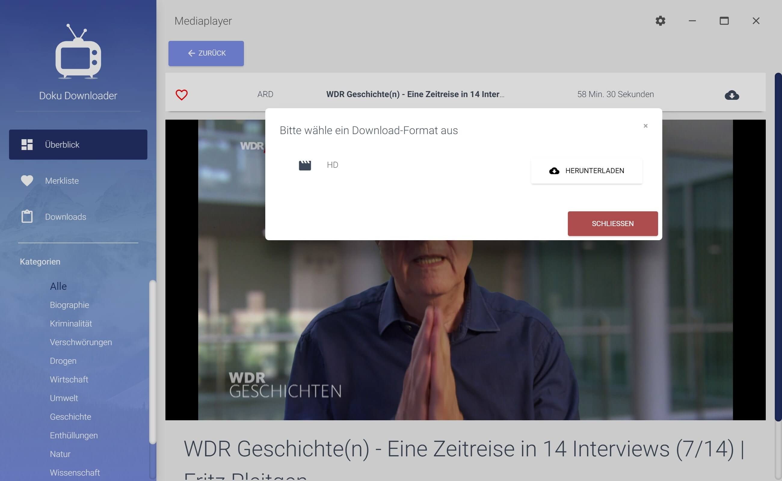 WDR Dokumentation aus Mediathek herunterladen - Downloadformat